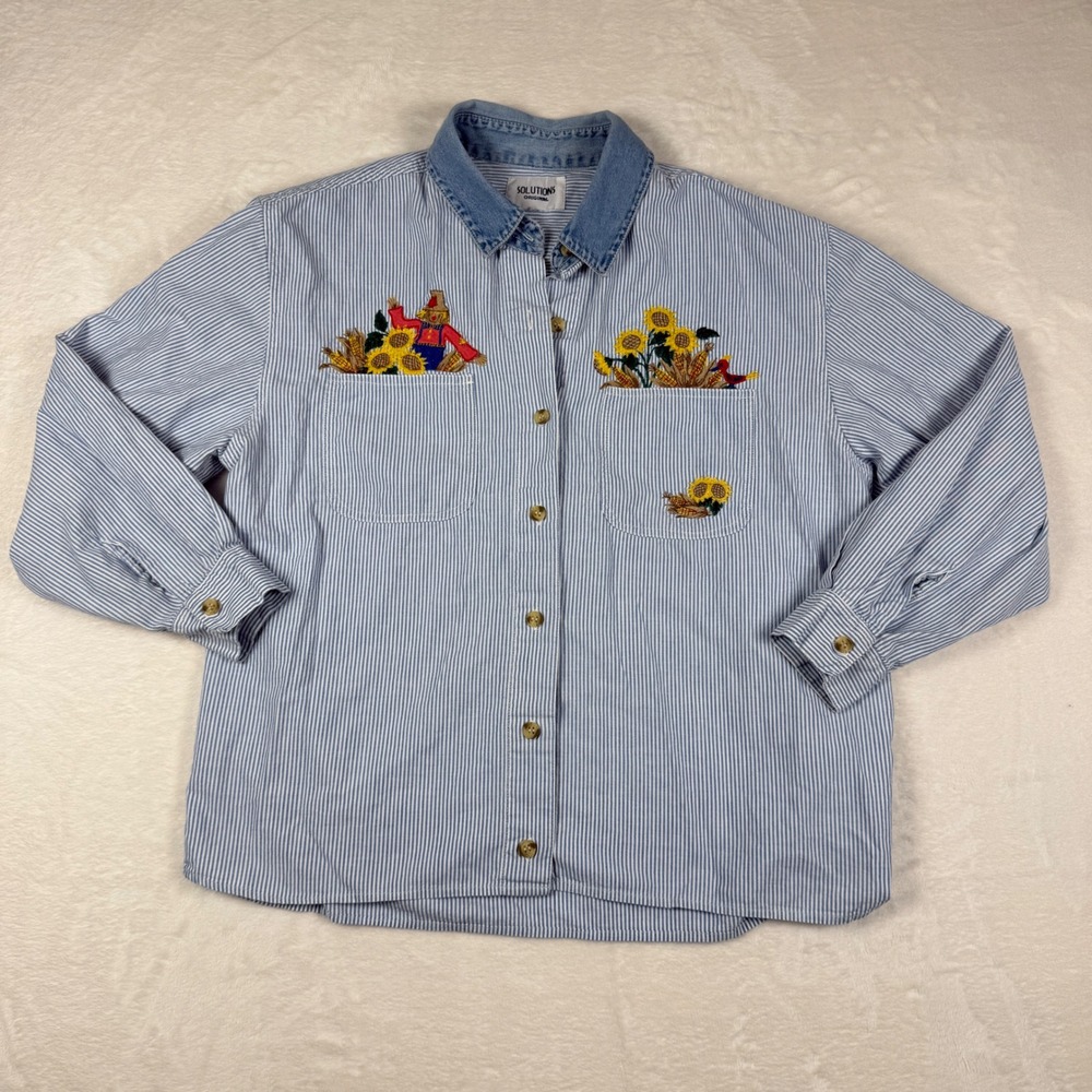 Solutions Original Women's Striped Collar Shirt 90s Autumn Scarecrow Embroidered